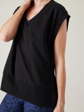 Athleta Retroterry V Neck Sweatshirt Tee Shirt Sleeveless Black Women's Size L